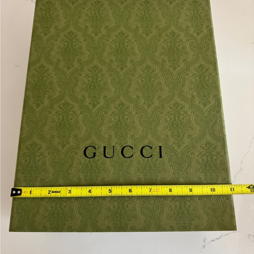 Gucci Olive Textured Box- cream on side with ribbon